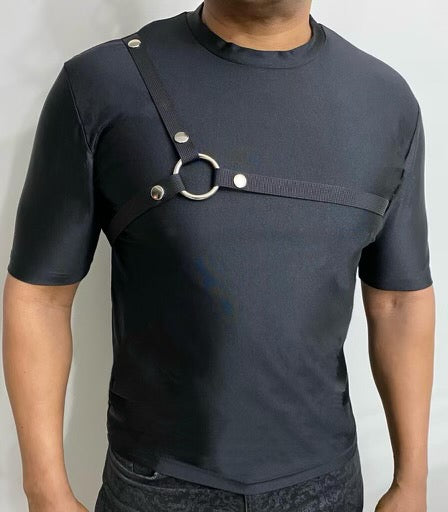 harness over dress shirt Ruffled Collar Shirt + Leather Harness + Distressed Skinnies (Style Pantry)